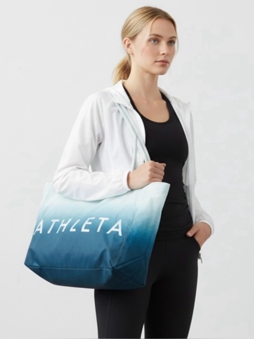ATHLETA Tote Bag Blue White Ombre Dip Dye Canvas Logo Beach Gym Shopper Travel